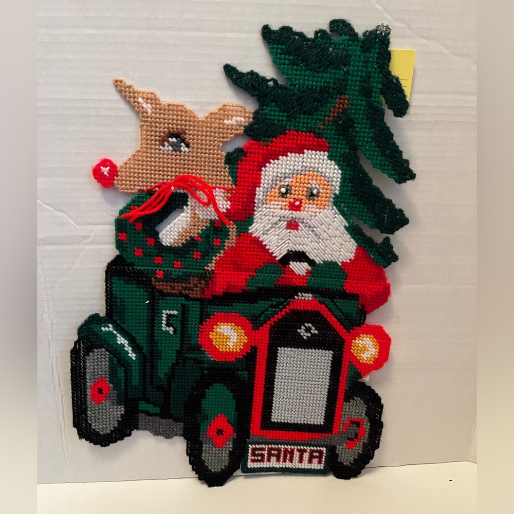 Handcrafted, custom Plastic Canvas Santa and Rudolph in Vintage Car